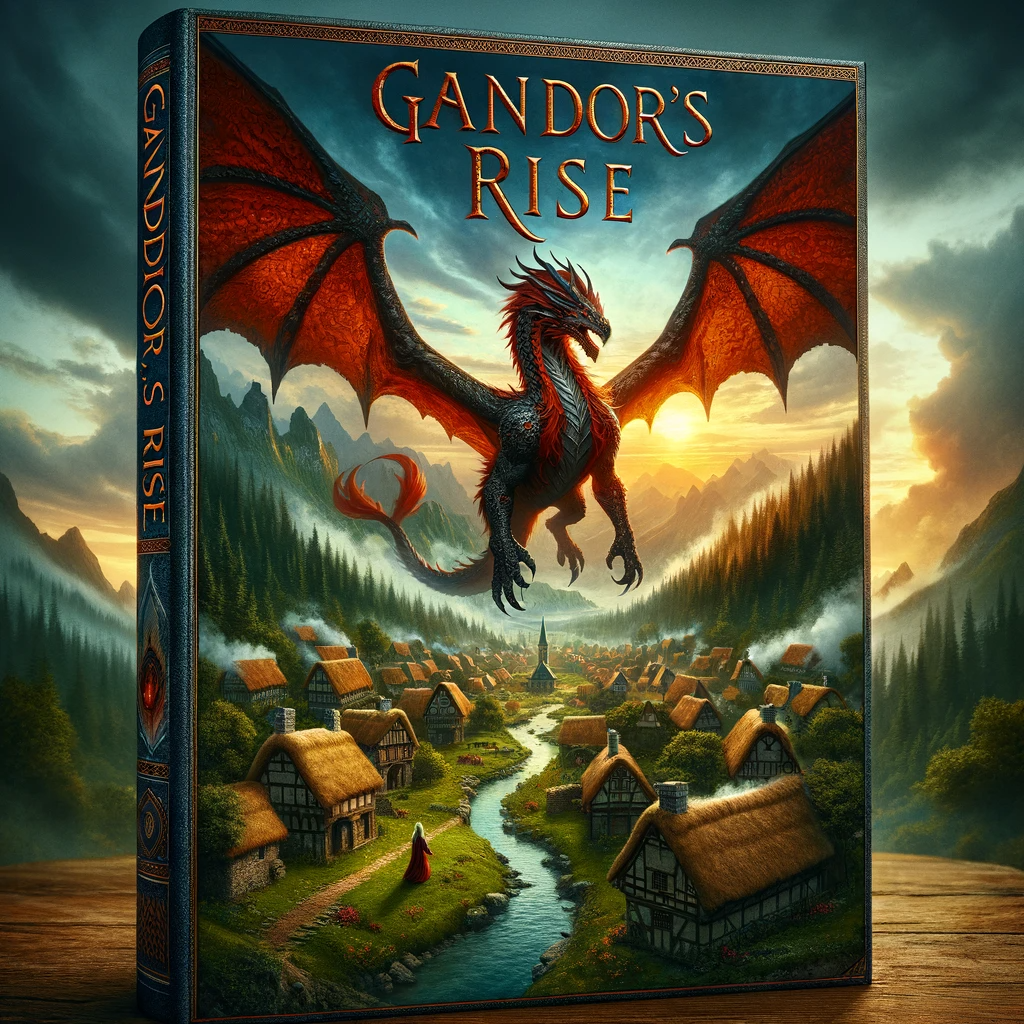 DALL E 3 vs Midjourney - DALL E 3 book cover of a fantasy book with a dragon flying over a village