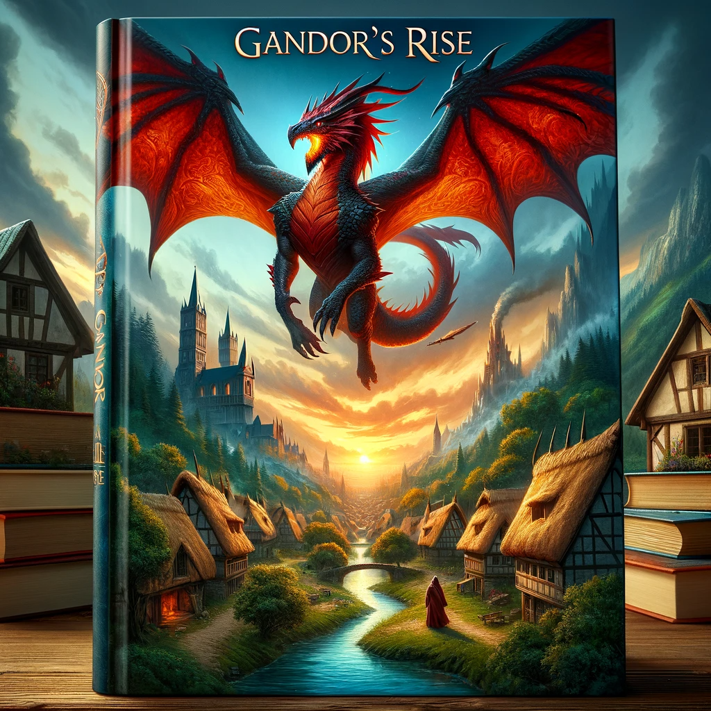 Book Cover for a book titled "Gandor's Rise" with a red dragon flying over a fantasy village.