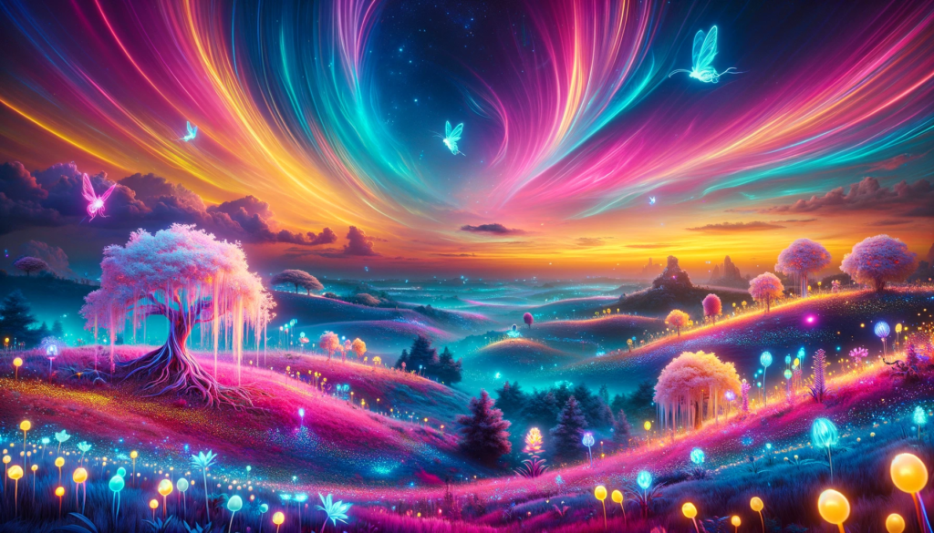 a stunning, fantasy-themed Texas sunset with fluorescent streaks of pink, blue, orange, and yellow, set in a surreal and ethereal landscape.