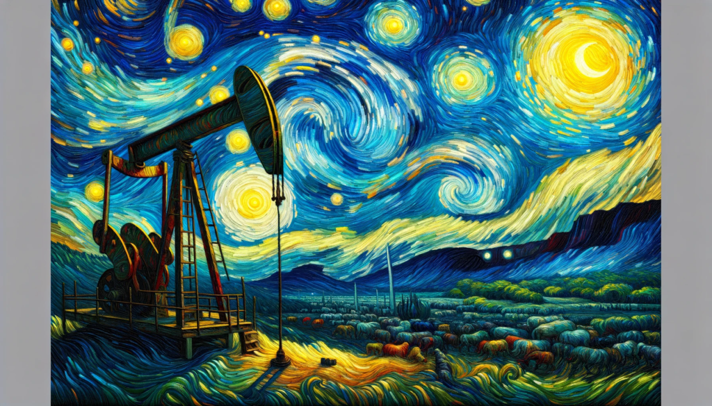 Van Gogh's "Starry Night" featuring a West Texas landscape with a pumpjack,