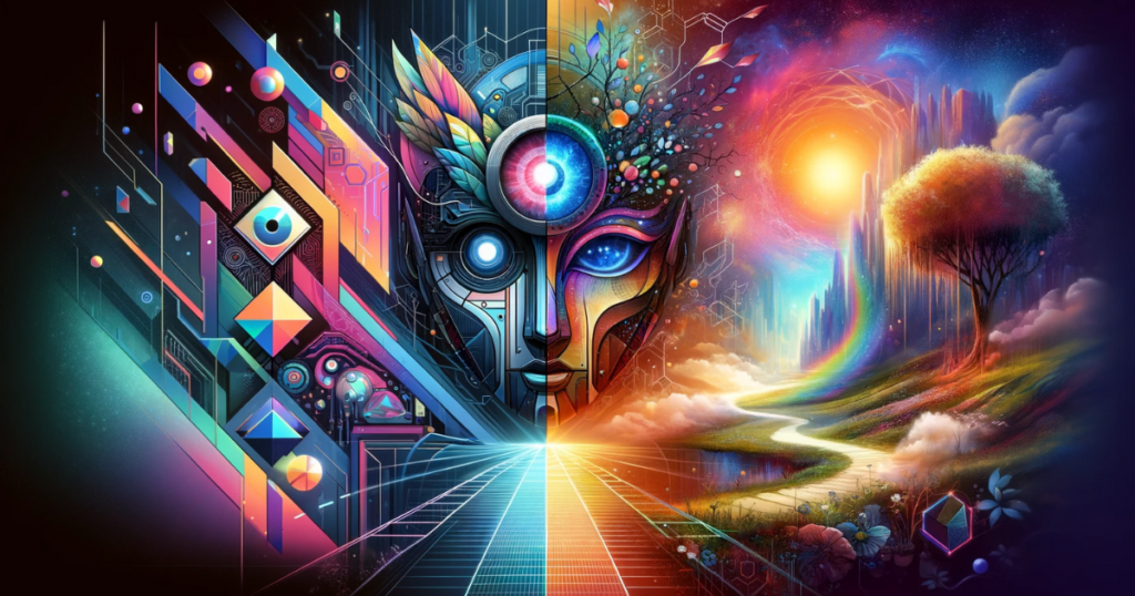 DALL E 3 vs. Midjourney featured image. The left side represents DALL·E 3 with a futuristic and abstract design, while the right side depicts Midjourney with a dreamy, surreal landscape