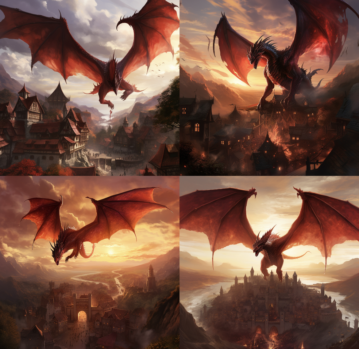4 iterations of an AI generated photo of a dragon flying over a village.