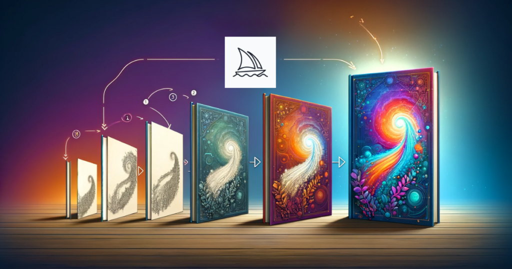 featured image for the article: Creating Book Covers With Midjourney AI. Illustrates the process of a colorful abstract book cover being creating in 6 steps.